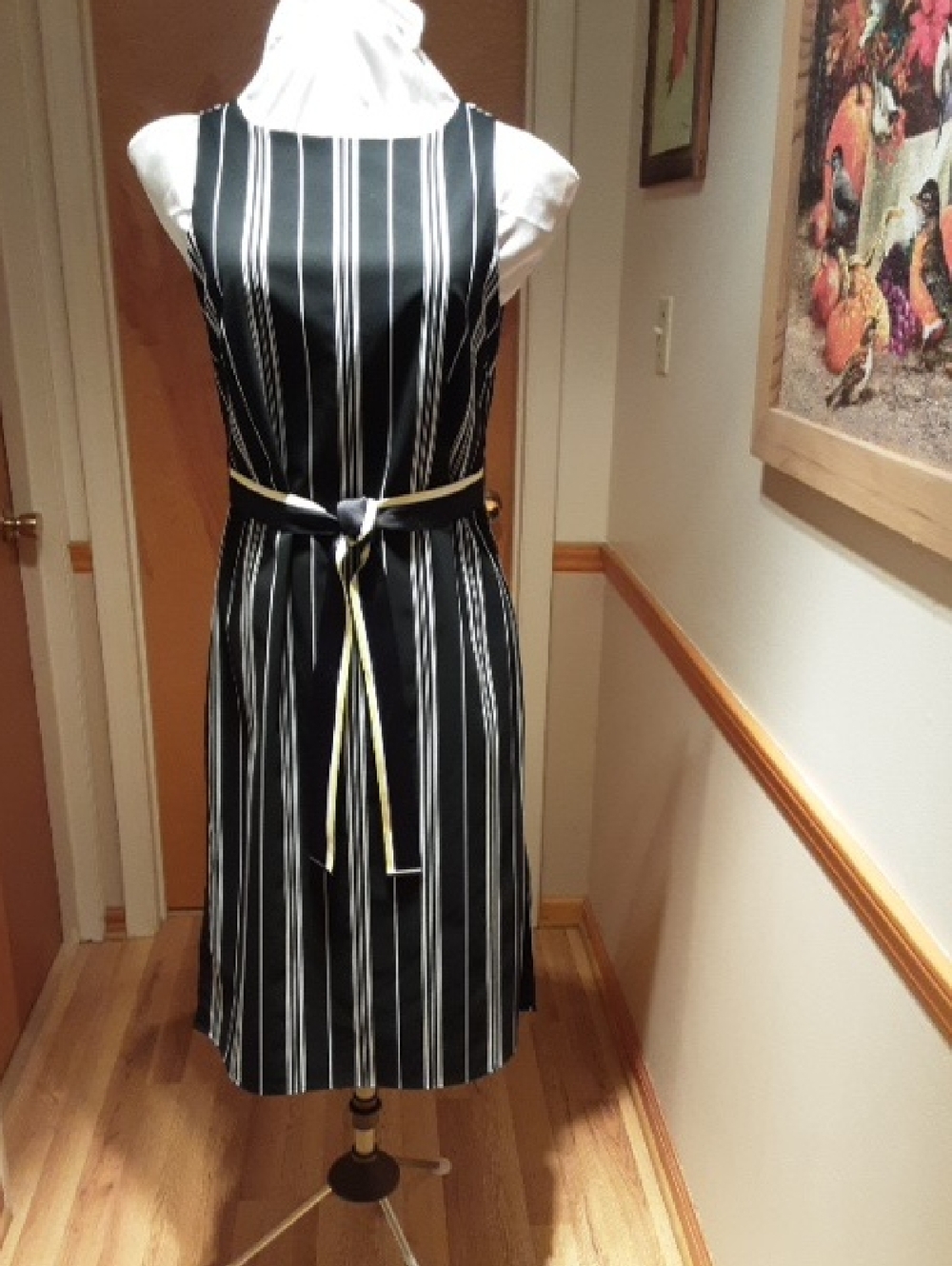 Vince Camuto Black and White Striped Sleeveless Midi Dress with Tie Belt